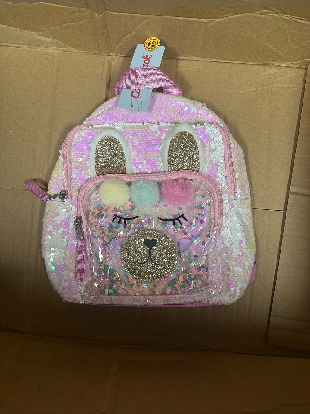 Cat & Jack Pink Sequin Bear Clear Pocket Backpack